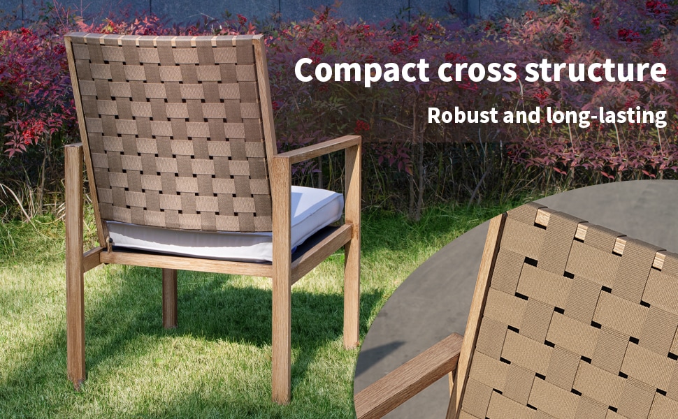 Set Of 2 Patio Chairs, Hand-Made Drawstring Outdoor Dining Chairs Waterproof With Cushion, Metal Chairs For Patio, Deck, Garden, Yard - Wood Grain_voghion.com